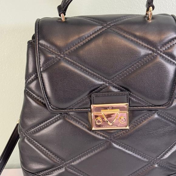 Michael Kors Backpack Handbag Black Serena MD Quilted Leather Flap Top Handle - Picture 3 of 12